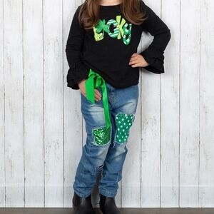 Marie Nicole Lucky Black Long Sleeve Shirt and Patchwork Distressed Jeans